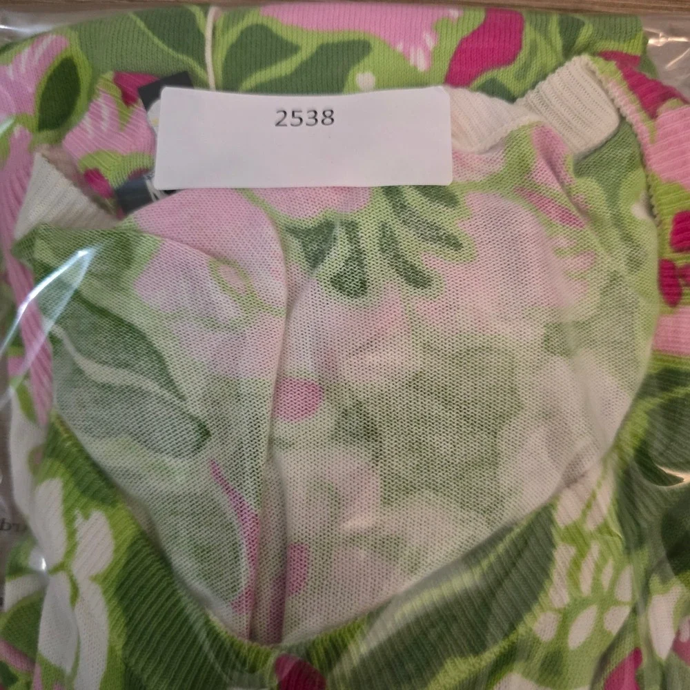 Talbots Cardigan Womens M Green Pink Floral Cotton Blend V-Neck 3/4 Sleeve
